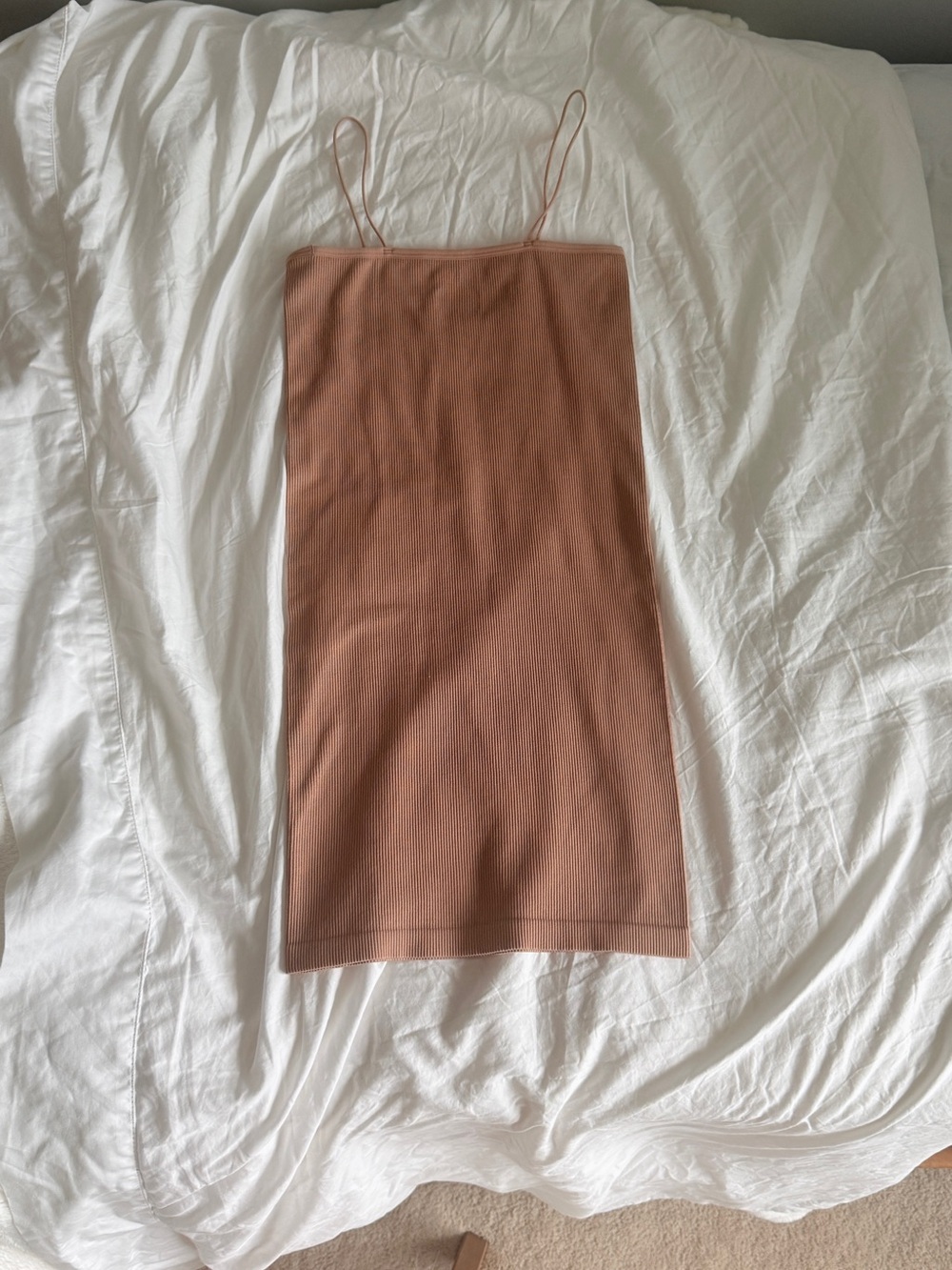 Nude Ribbed form fitting Spaghetti Strap mini dress